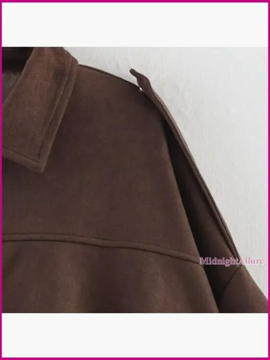 Faux Suede Bomber Jacket Women Oversized Zip Up Casual Coat Long Sleeve - Picture 2 of 7